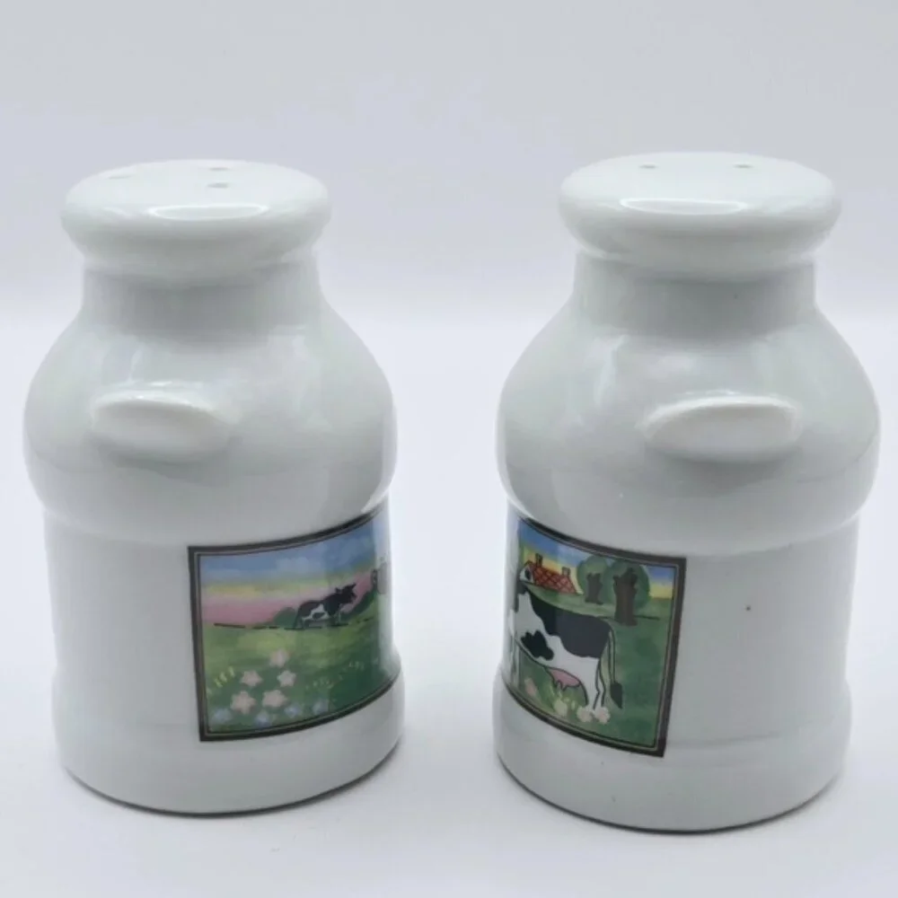 Vintage 90's  Milk Can Dairy Farm With Cows Salt And Pepper Shaker Set Ceramic